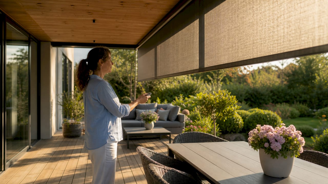 Woman adjusting motorized outdoor blinds on patio