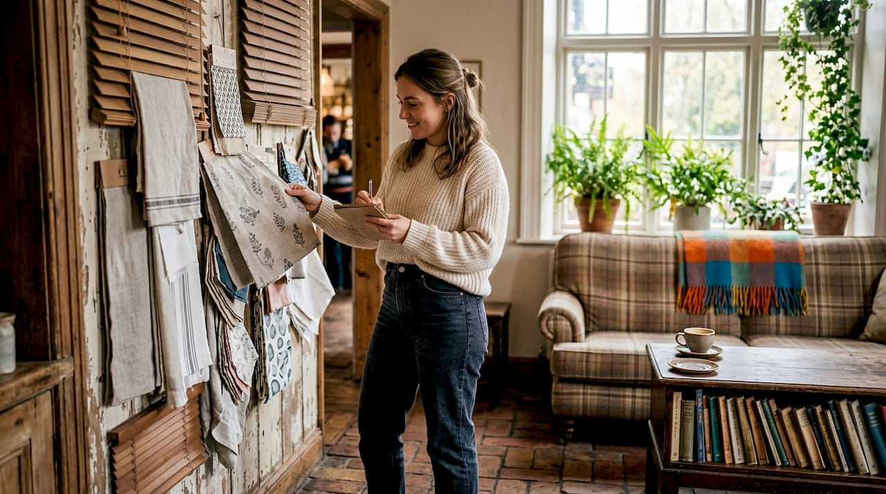 Tenant inspecting window coverings samples