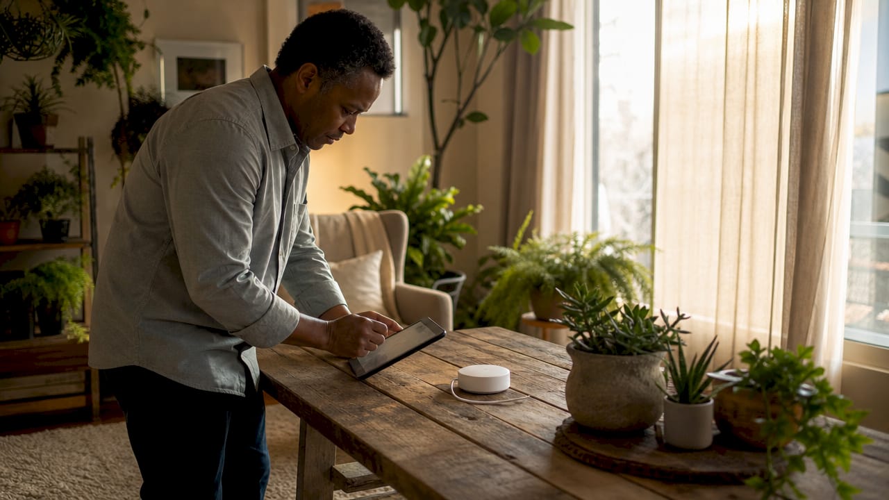 Man configuring smart shade hub at desk