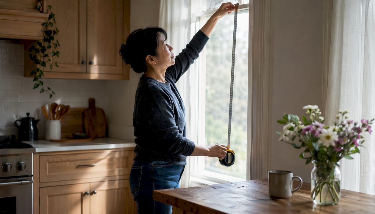 Woman measuring window width for roller blind