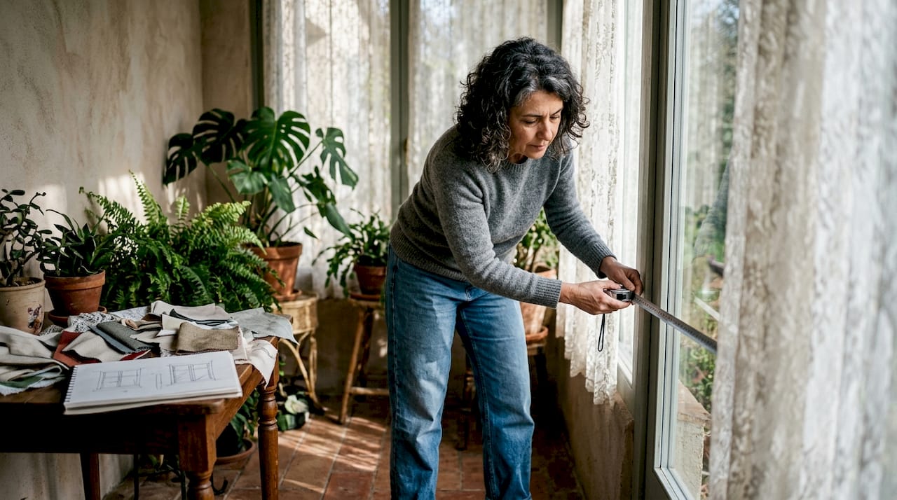 Woman measuring width of window frame for shades