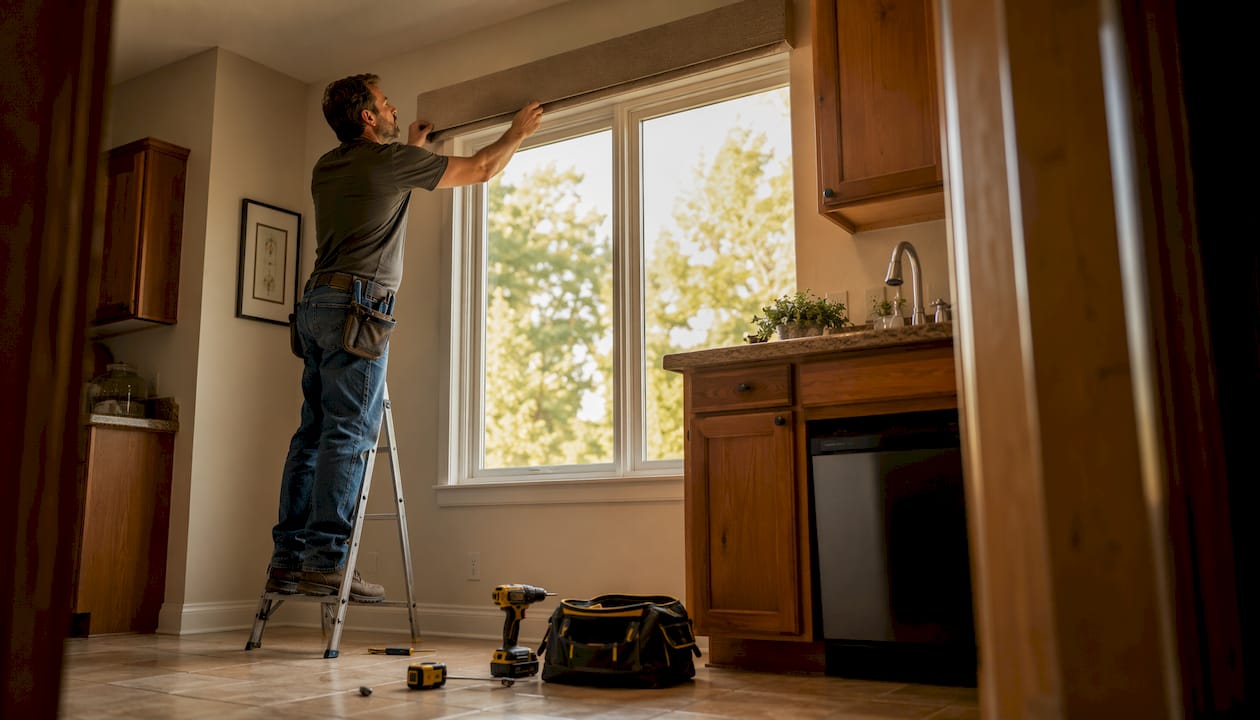 Man installing blind valance on window in living room