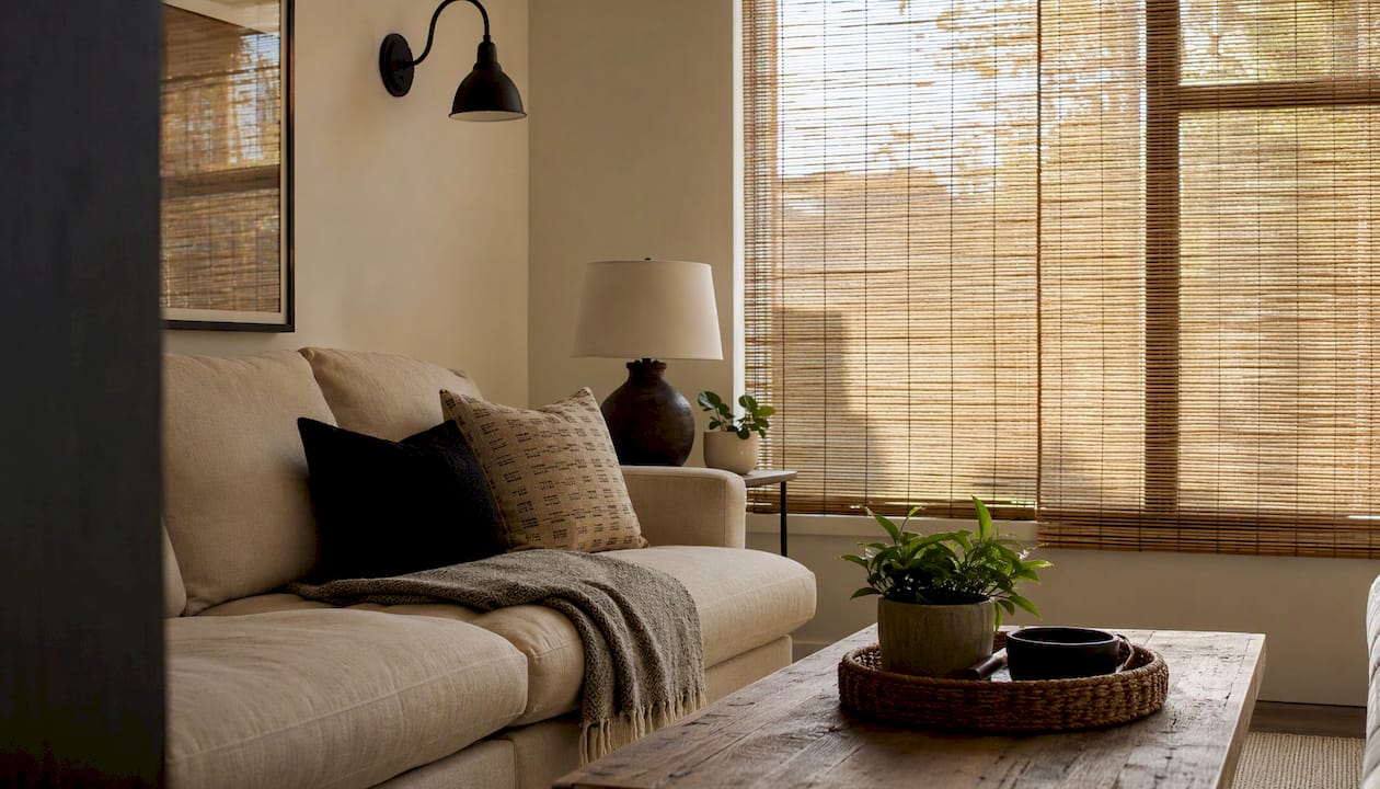 Cellular shades softly filtering sunlight in living room