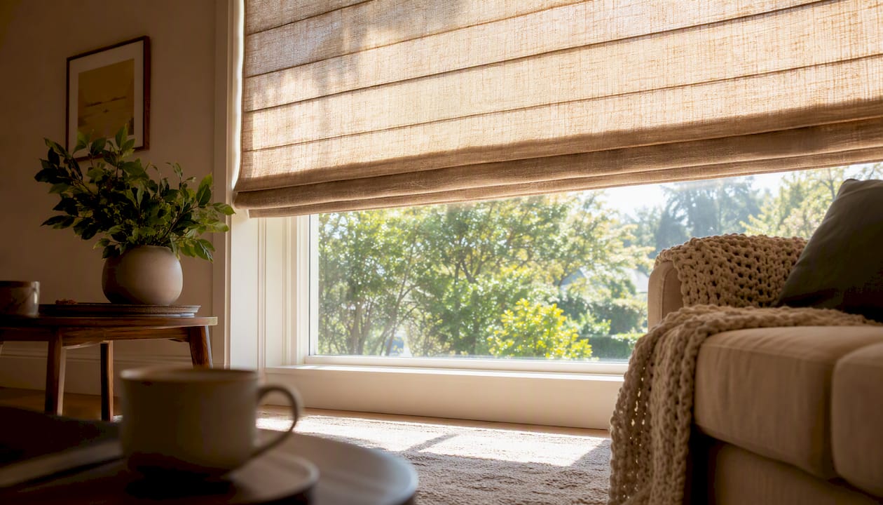 Close-up of custom Roman shades on window