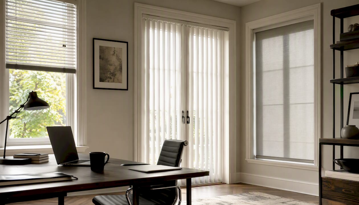 Various styles of window blinds in interior