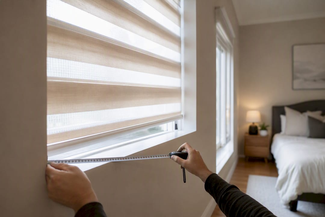 Hands measuring window width for zebra blinds