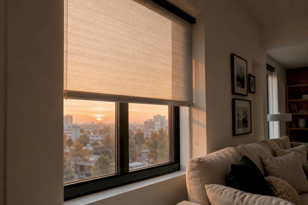 Double roller window shades with two layered fabrics