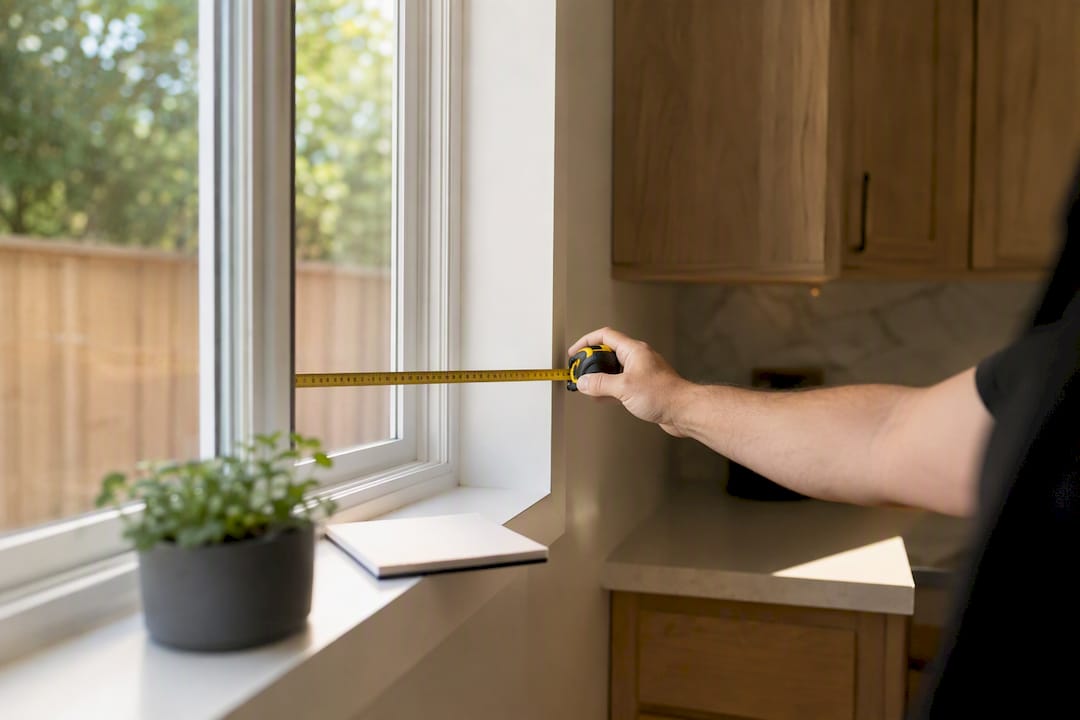 Hand measuring window width with tape measure