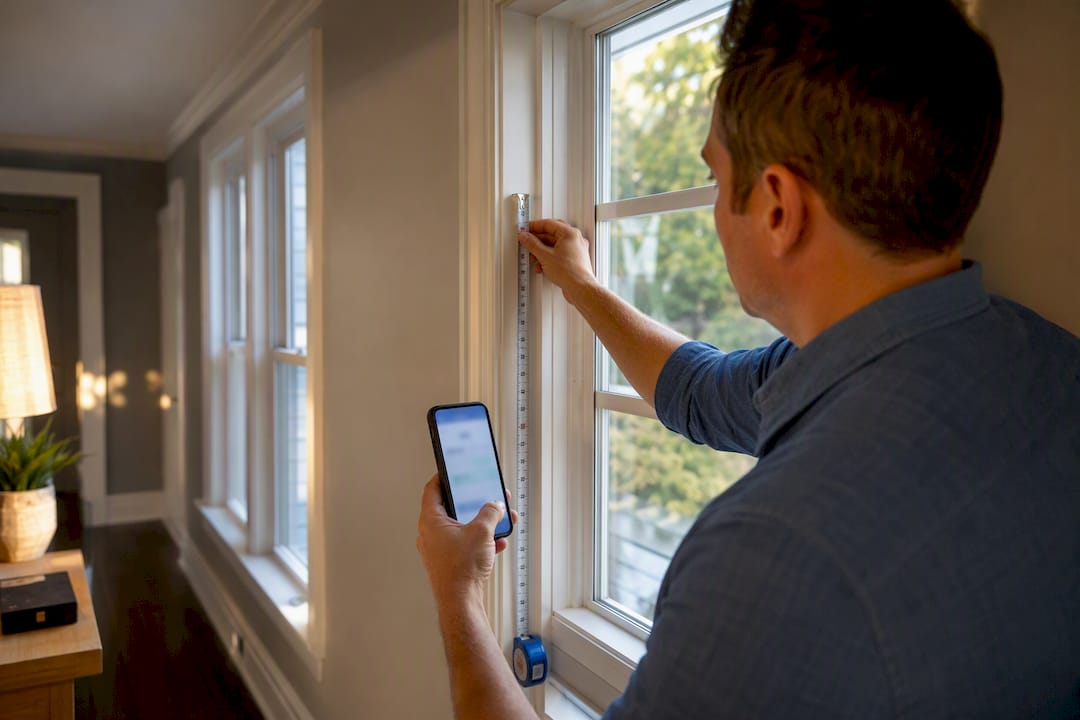 Homeowner photographing window measurements