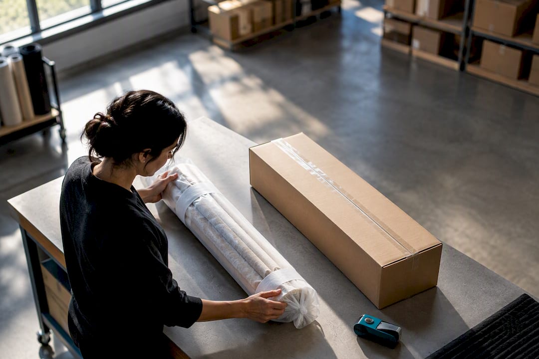 Custom window treatment order being prepared for shipping