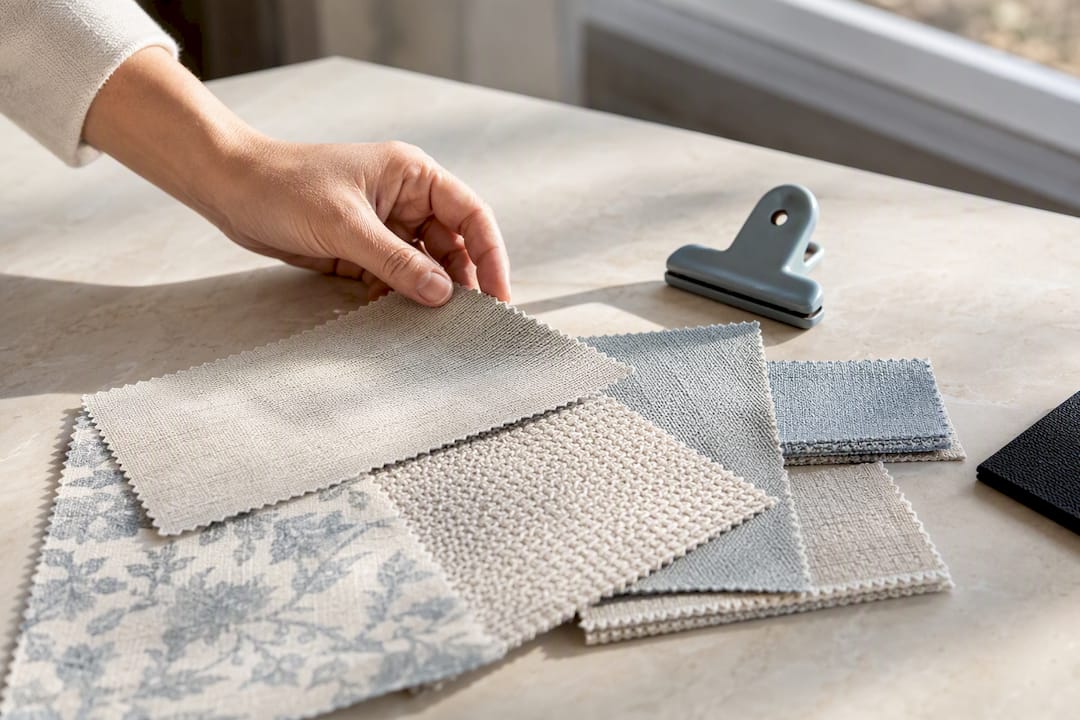 Homeowner comparing fabric swatches by window