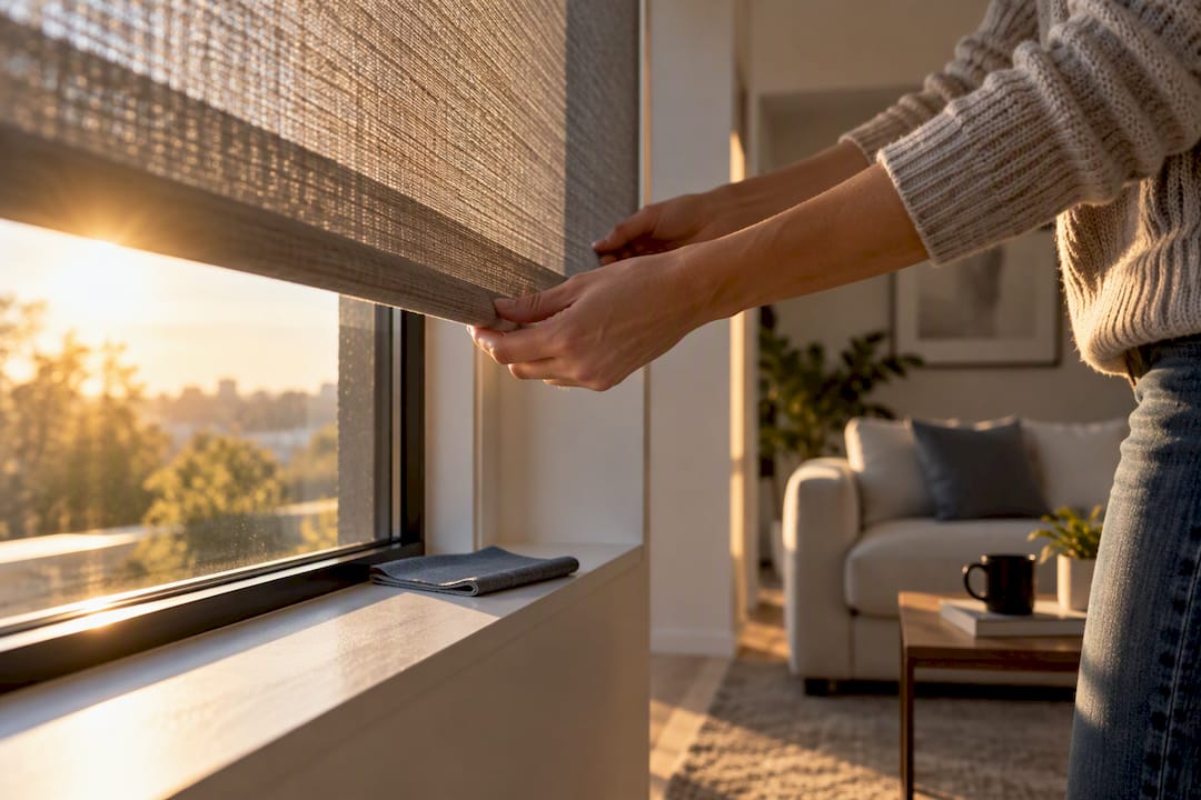 Hands adjusting a woven solar shade