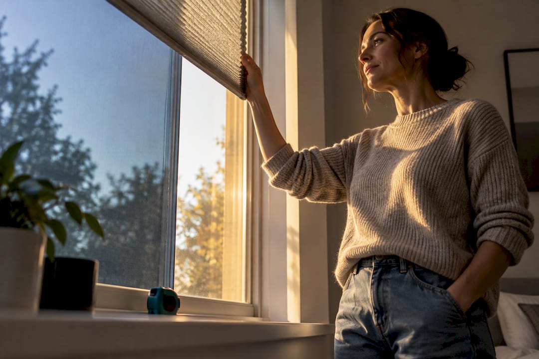 Homeowner comparing sunlight through window covering
