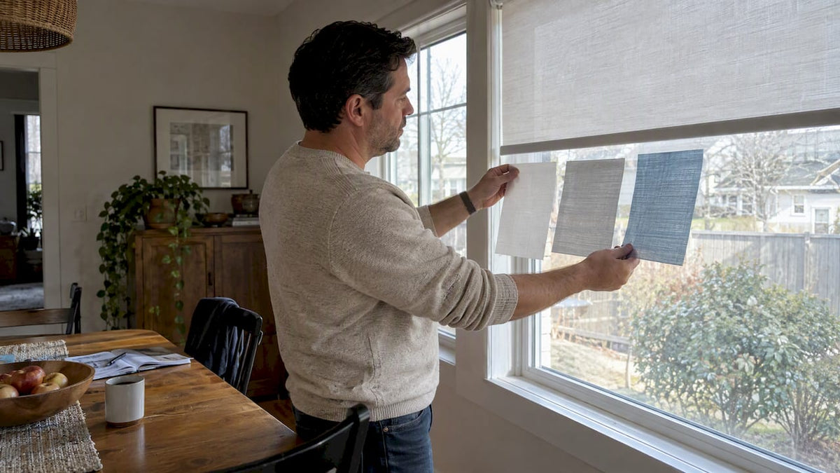 Homeowner comparing translucent shade swatches