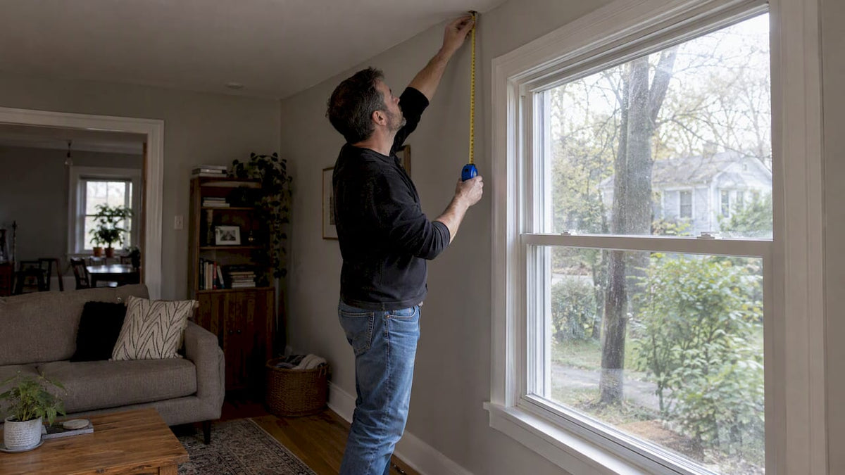 Homeowner measuring ceiling mounting height