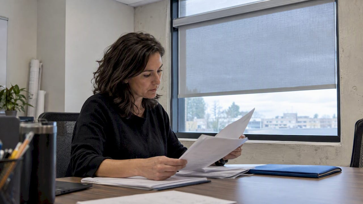 Manager reviewing commercial blind warranty documents