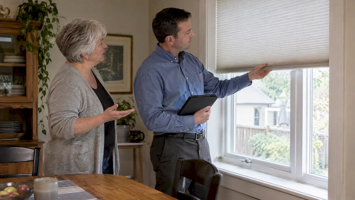 Appraiser inspecting a cellular shade with seller
