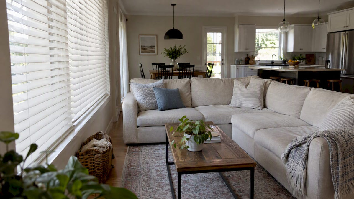 Neutral blinds in a staged living room
