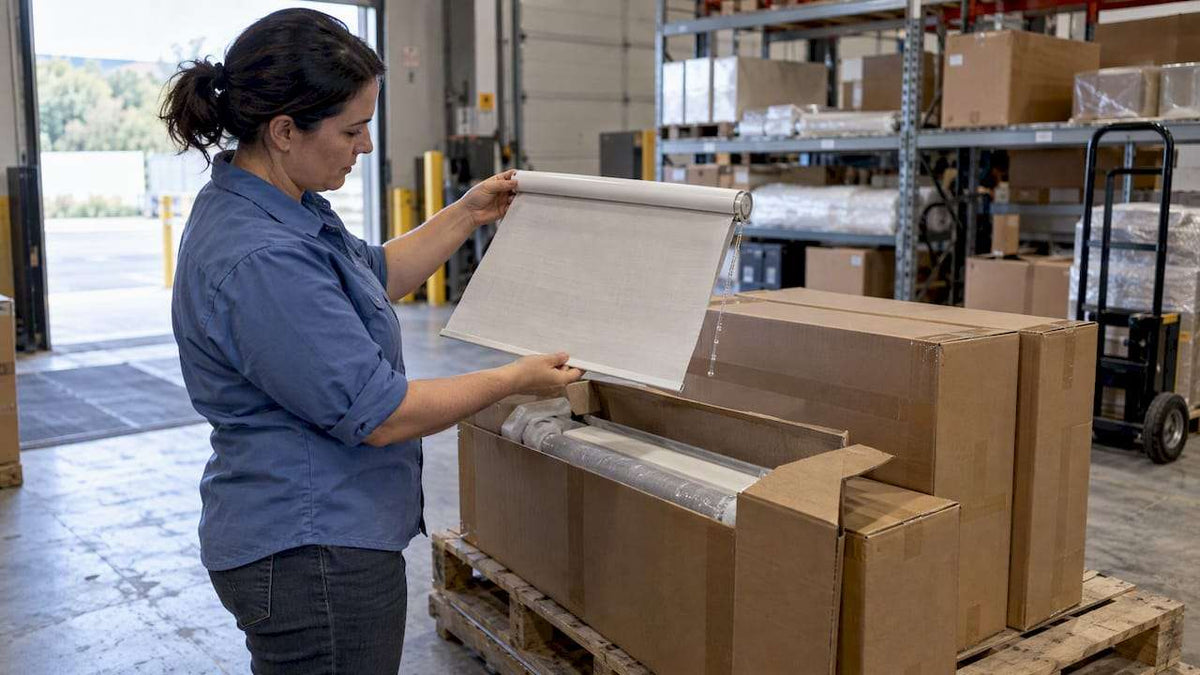Buyer checking a shade sample beside bulk order cartons