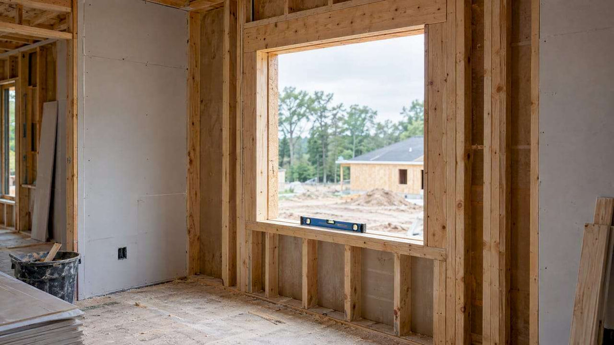 Unfinished window rough opening framed with exposed natural wood lumber, illustrating a Blind Rough Opening during construction
