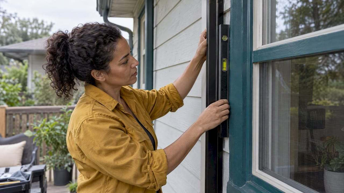 Homeowner aligning an exterior shade side track