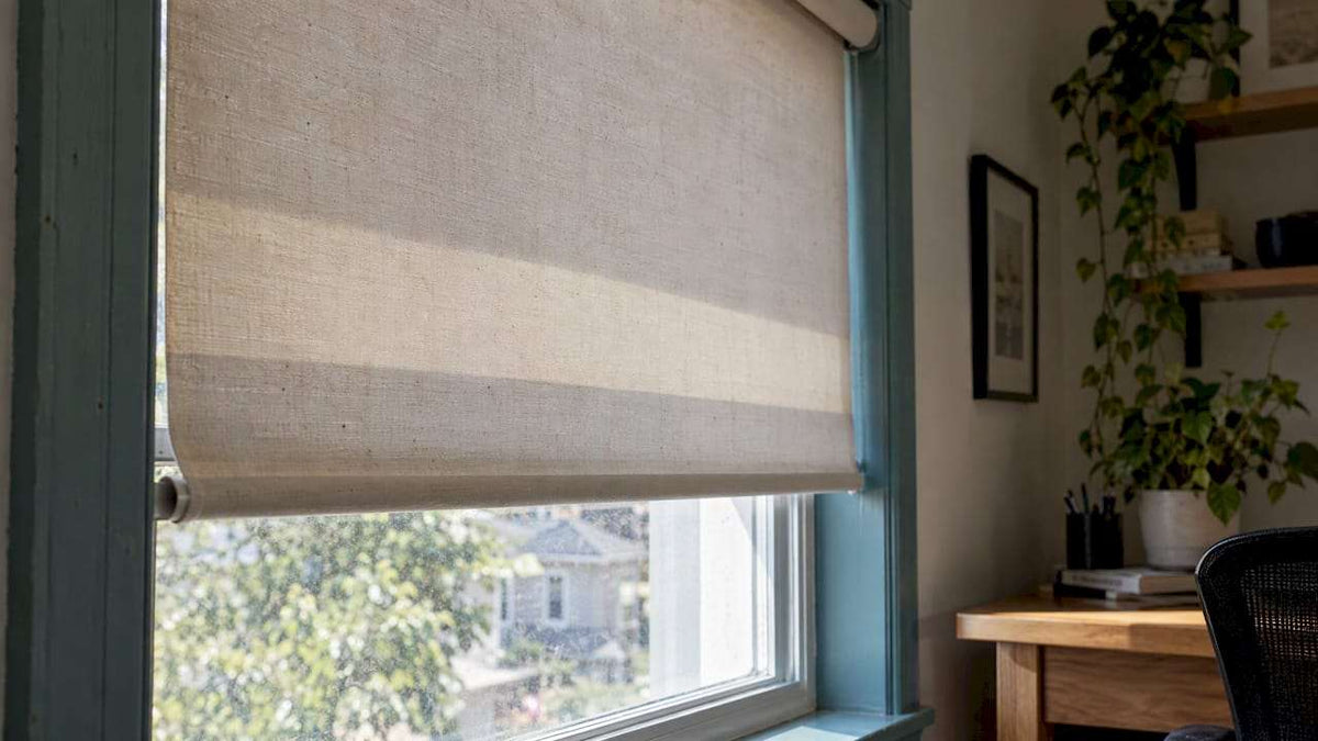 Sun-faded roller shade with curling edge