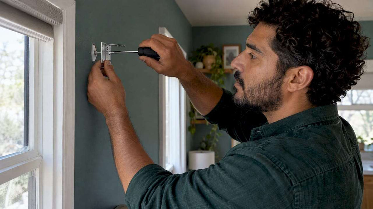 Man fastening a blind bracket into drywall