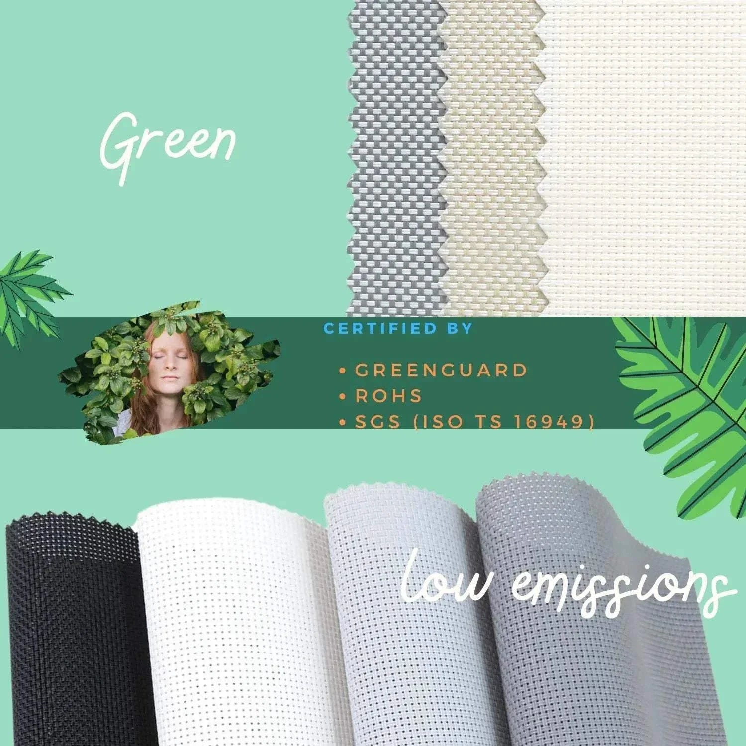 Value Blinds™ solar shades with 5% openness, eco-friendly low VOC fabric, available in multiple colors, certified for low emissions and smart motorization.
