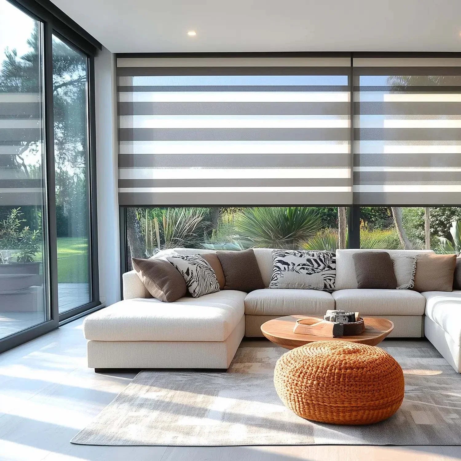 Value Blinds™ motorized zebra shades in modern living room with natural light filtering and cordless design