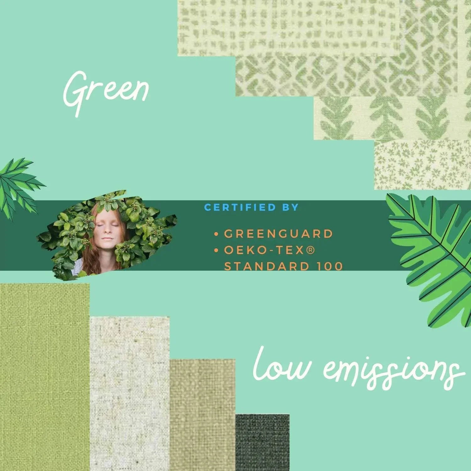 Value Blinds™ Premium Roman Shades in Olive Haze with green fabric swatches and eco-friendly certifications.