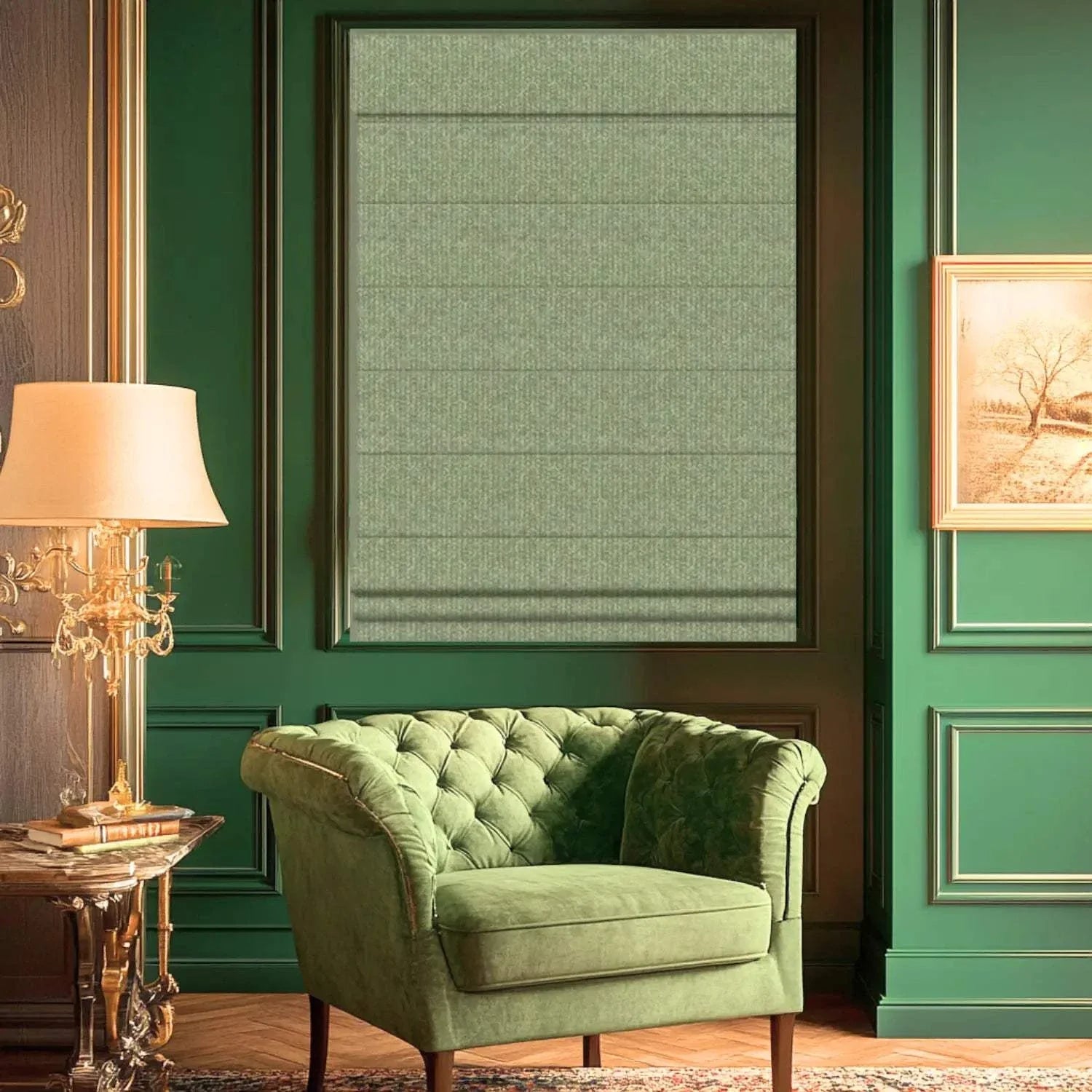 Value Blinds™ Premium Roman Shades in Forest Noir with elegant emerald hue in a stylish living room setting.
