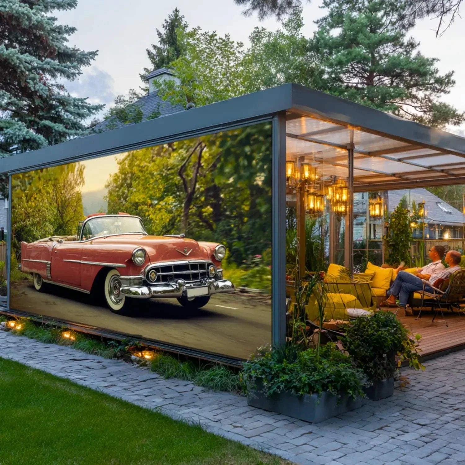 Value Blinds® Motorized Outdoor custom graphic shades with adjustable openness and side rails for large patios and pergolas