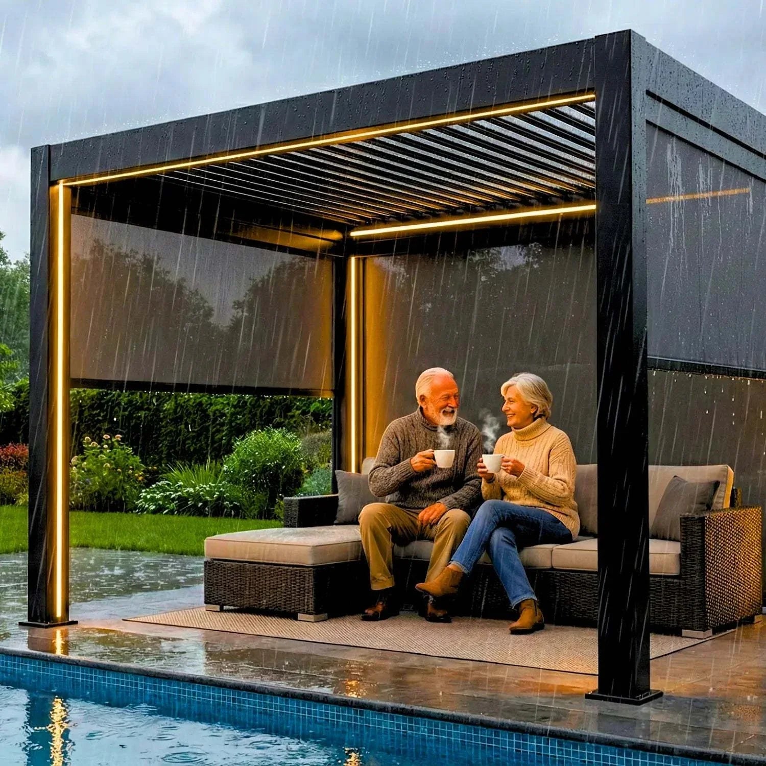 Value Blinds® Elite Motorized Pergola with motorized zip track side screens on a patio