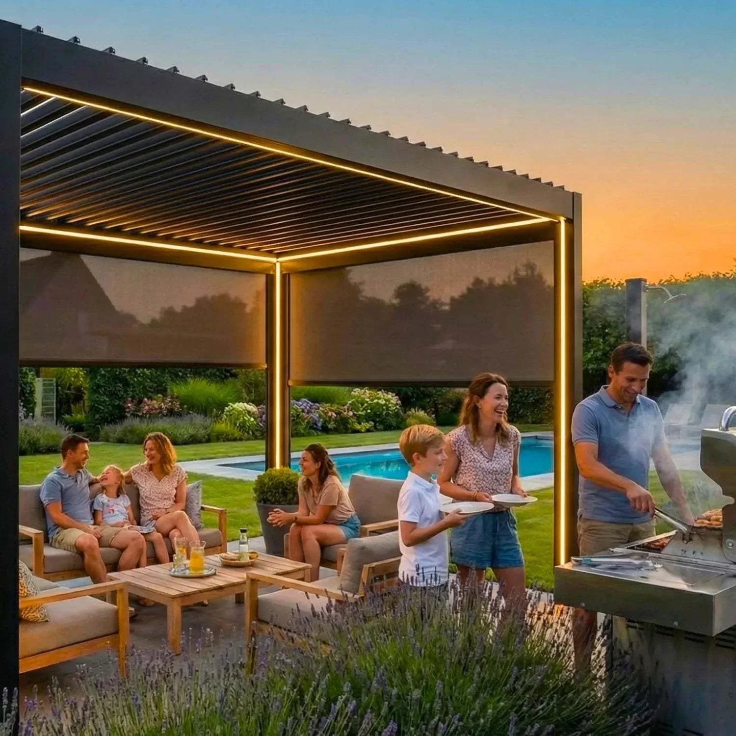 Value Blinds® Elite Motorized Pergola with motorized zip track side screens on a patio