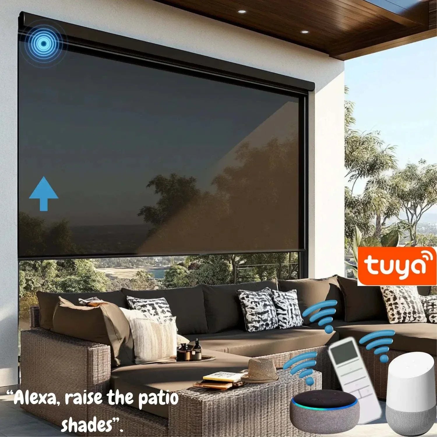 Value Blinds™ motorized outdoor windproof sunshades on patio with furniture, providing UV protection and natural light filtering.