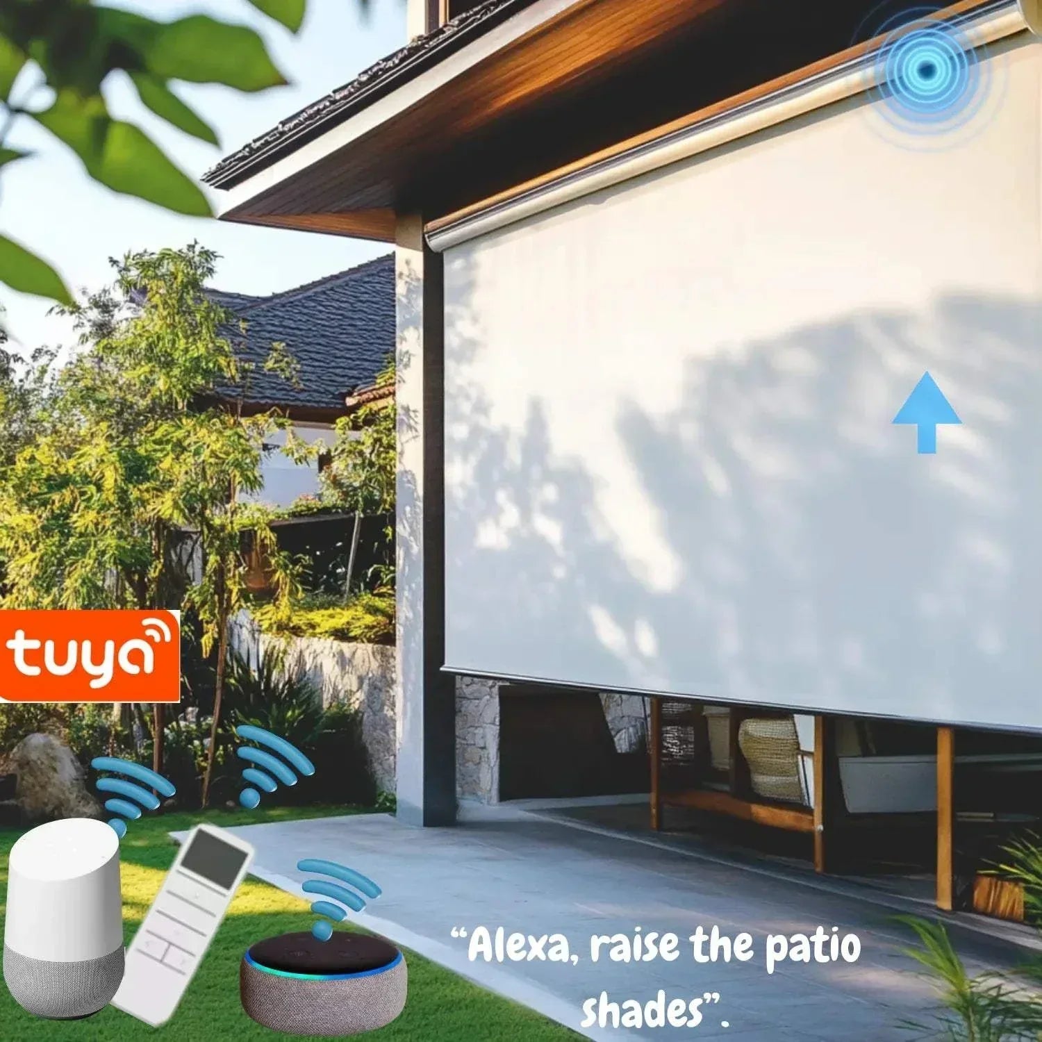 Value Blinds™ Motorized Outdoor Windproof Sunshades installed on a patio, offering full UV protection and blackout privacy.