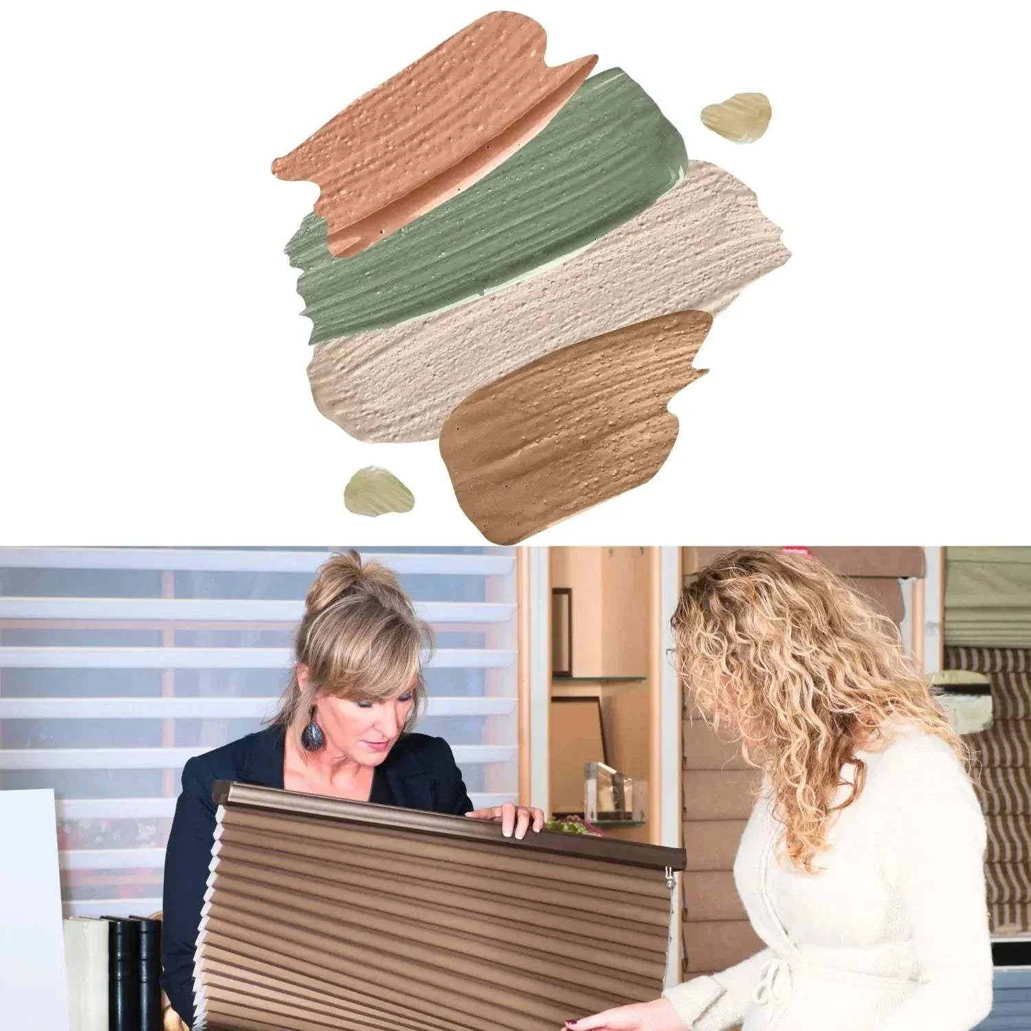 Sample swatches of fabric colors and textures with two women examining brown blinds sample