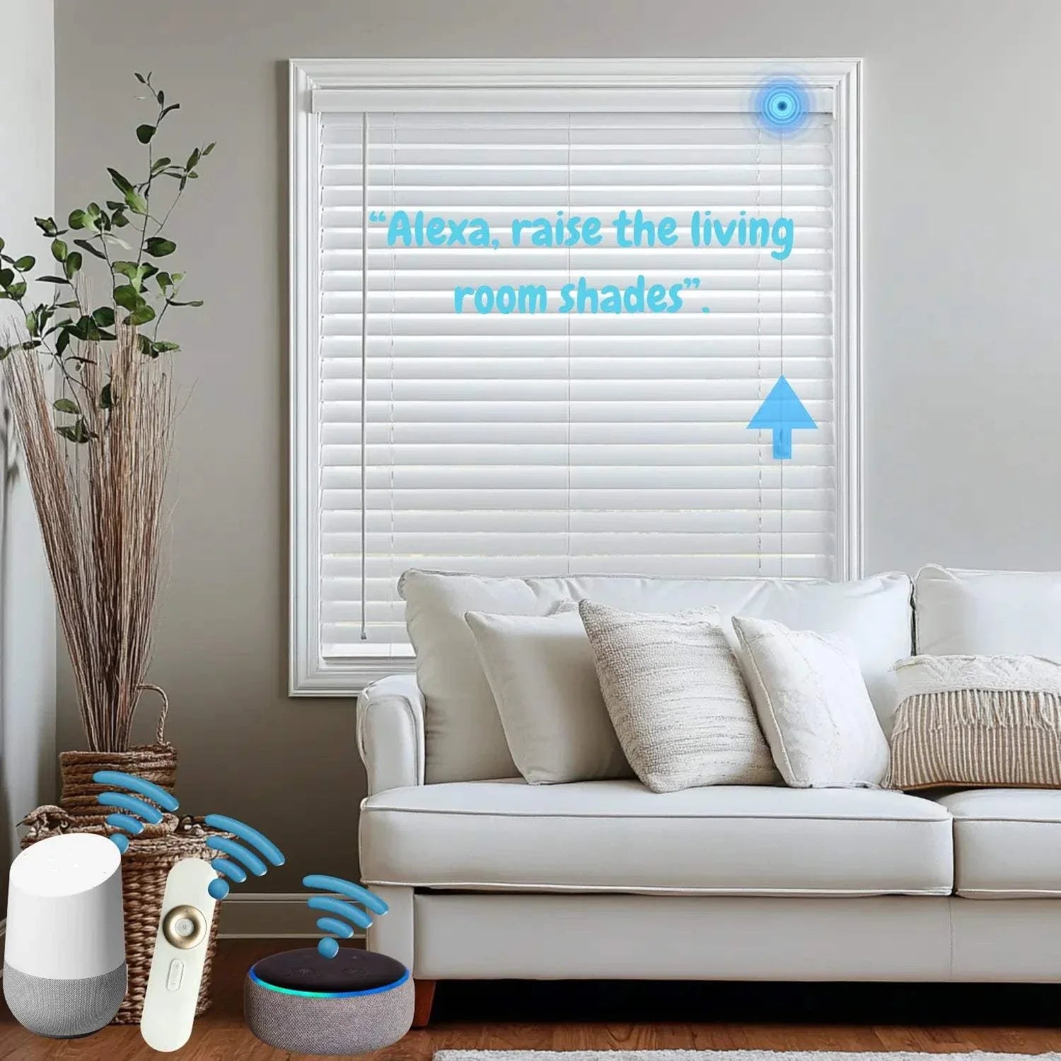 Value Blinds™ Premium Motorized Faux Wood Blinds in a living room with voice-activated smart home integration.