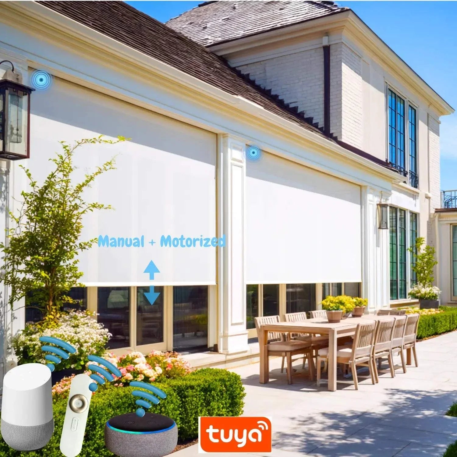 Value Blinds® Custom Hybrid Outdoor Solar Shade with manual and motorized control for UV protection and energy efficiency outdoors