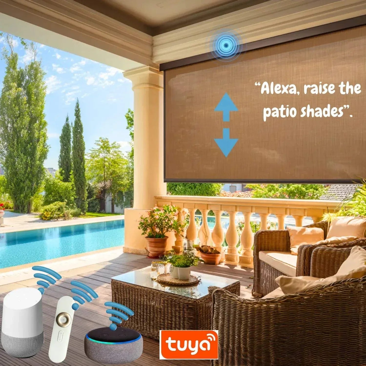 Value Blinds™ Motorized Exterior Shades with side rails on patio controlled by voice assistant, blocking sunlight and enhancing outdoor comfort.