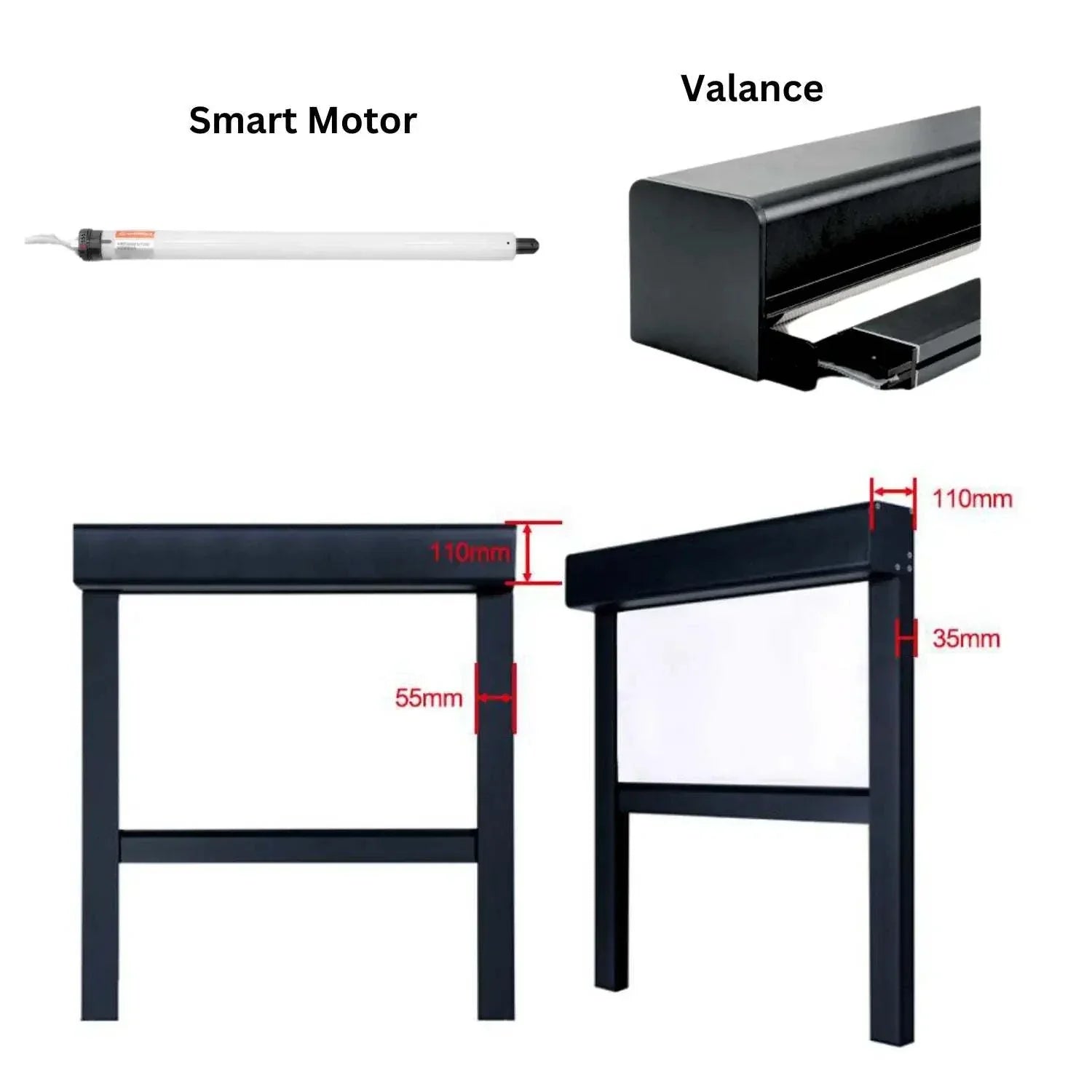 Value Blinds™ motorized outdoor windproof sunshade components including smart motor, valance, and side rails with detailed measurements.
