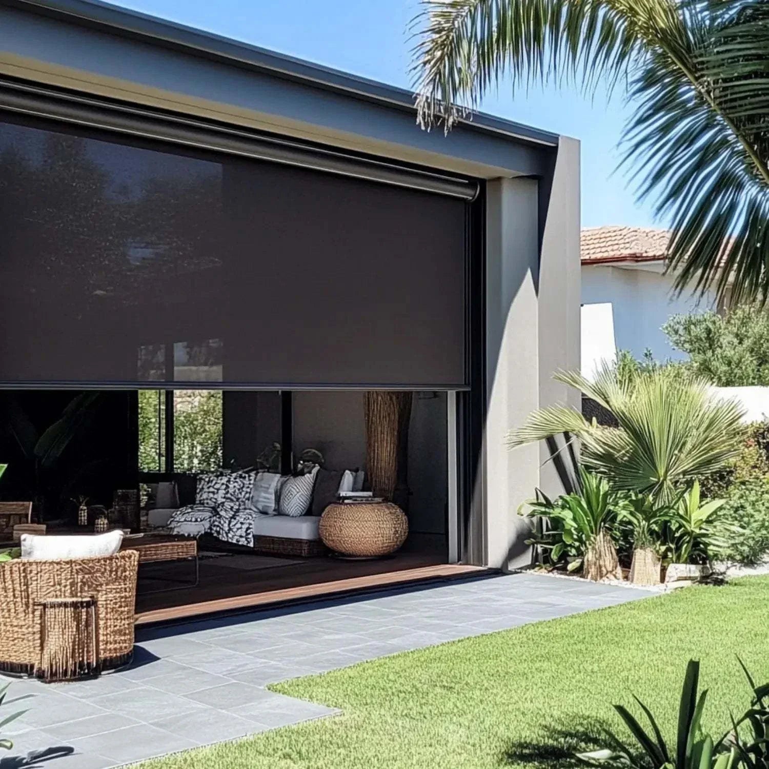 Value Blinds™ Manual Outdoor Windproof Sunshades on patio, providing shade.