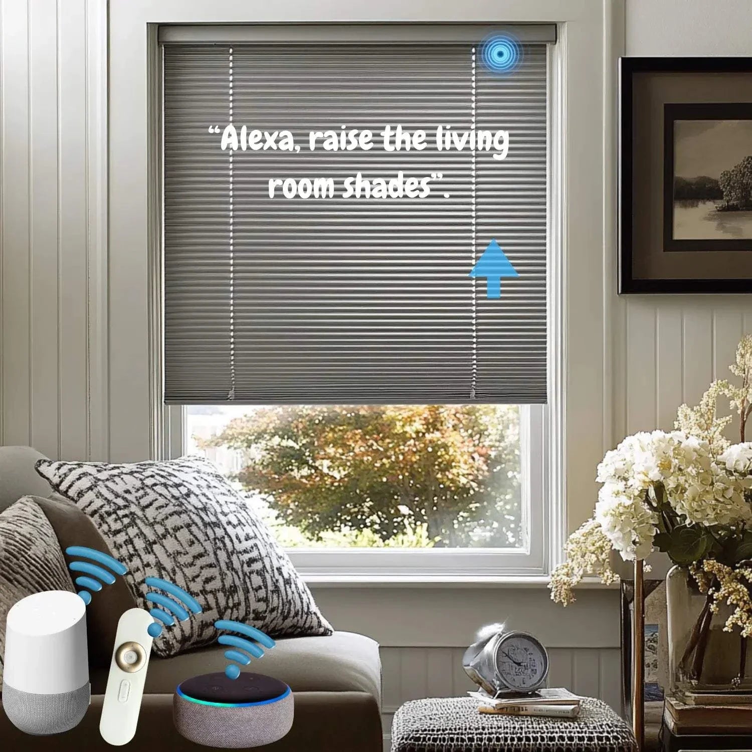 Value Blinds™ Premium Motorized 1 Inch Aluminum Mini Blinds in modern living room setting, showcasing smart home compatibility and remote control.