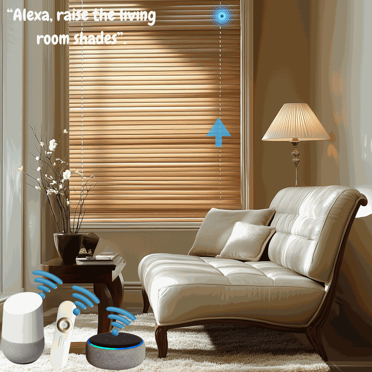 Value Blinds™ premium basswood blinds with motorized operation in a stylish living room setting.