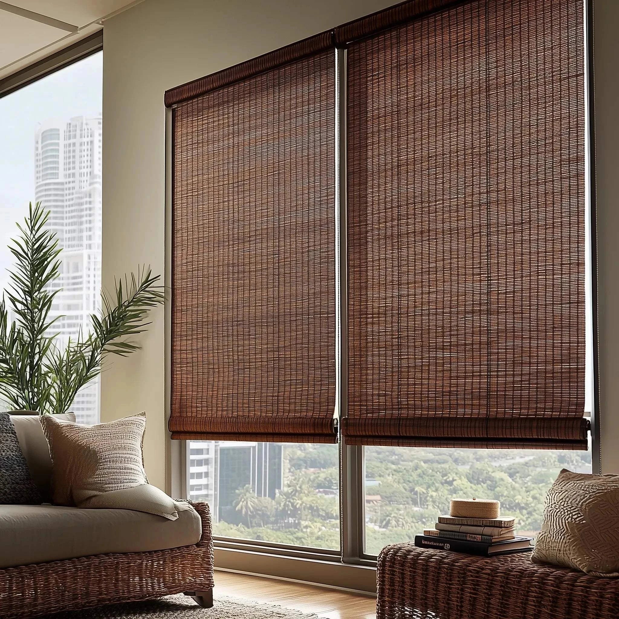 Value Blinds™ Elegant bamboo woven shades with motorization providing 95% shading in a modern living room.