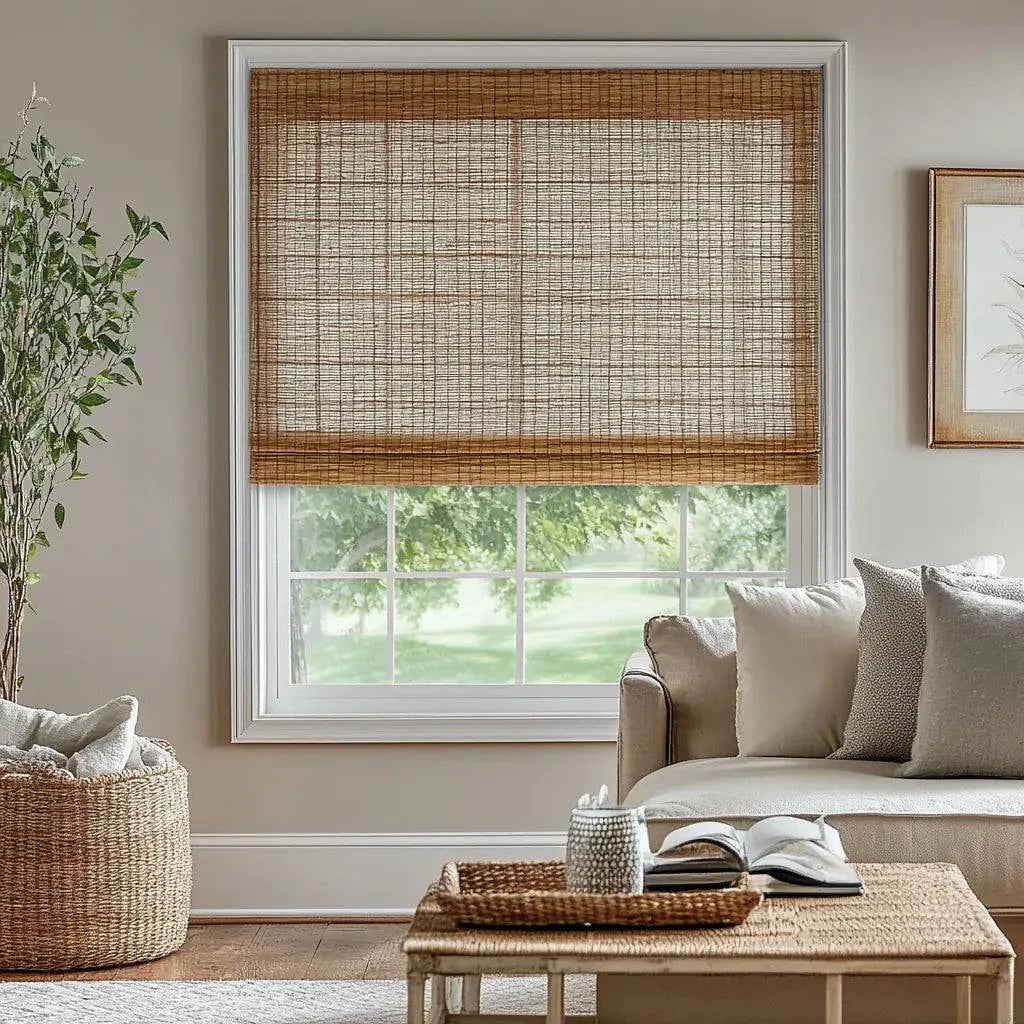Value Blinds™ bamboo woven shades with motorization in elegant living room decor.