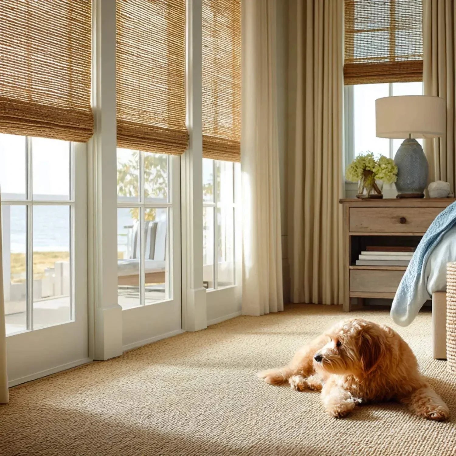 Value Blinds™ Natural Woven Shades with motorized control in a cozy living room featuring natural fiber texture and warm aesthetic