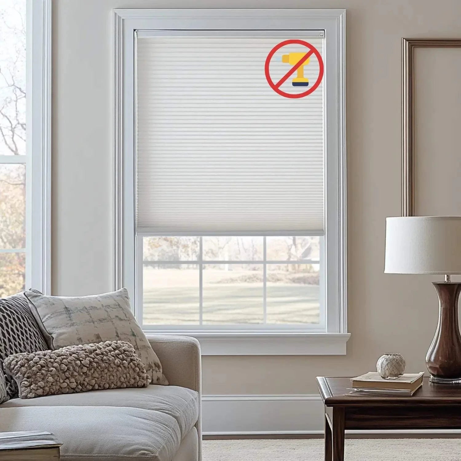 Value Blinds™ No Drill No Tool Manual Cellular Shades in living room setting.