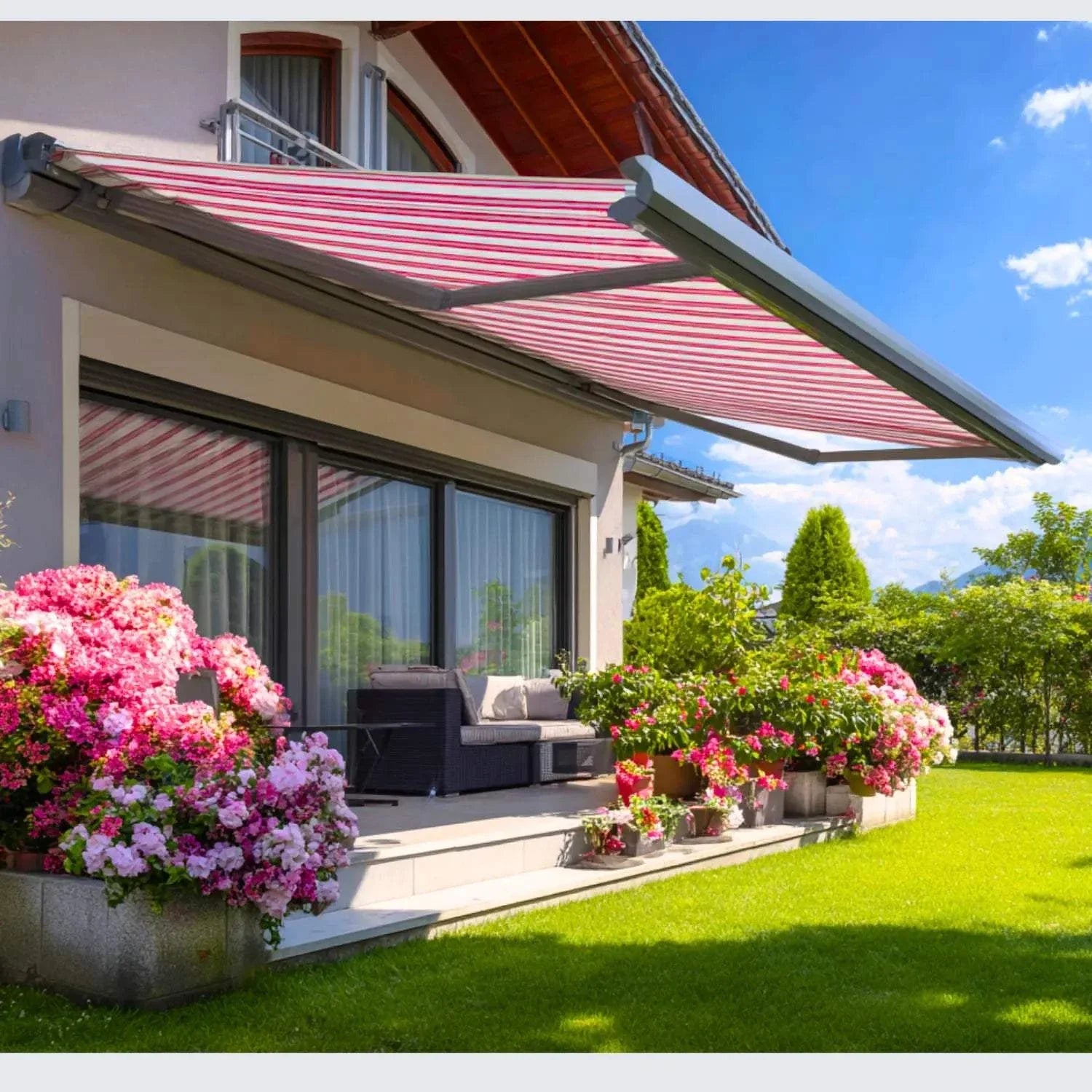 Value Blinds® Motorized Retractable Awnings with full cassette on residential patio providing shade and weather protection