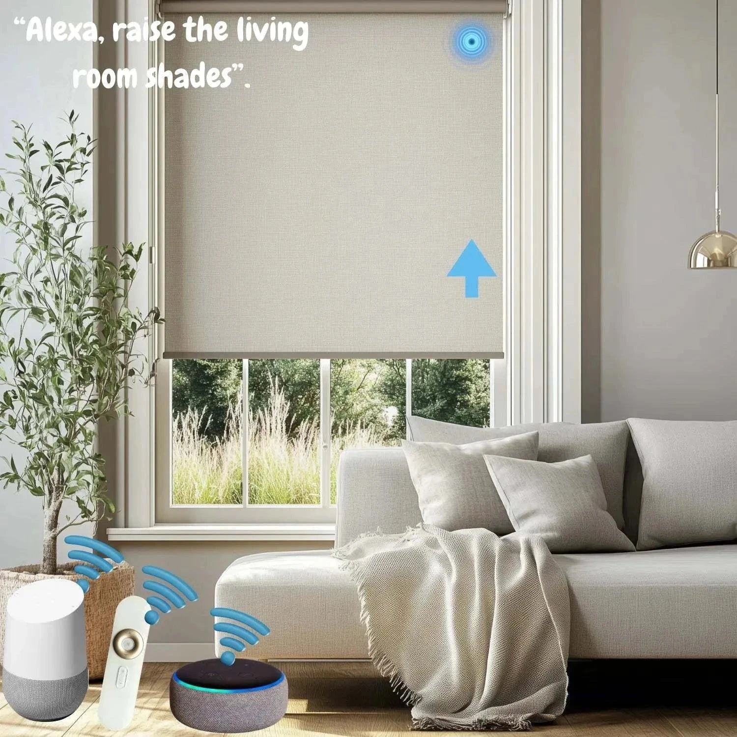 Value Blinds™ motorized light filtering roller shades with smart control in modern living room